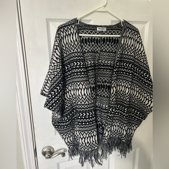 Pesce Italy Cashmere black white geometric open-front cardigan sweater fringe OS - Picture 2 of 10